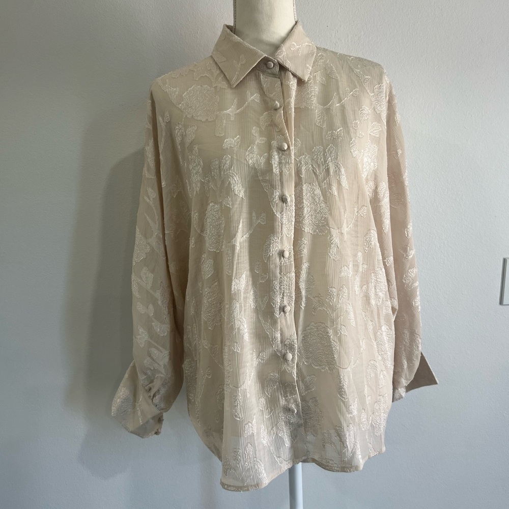 lovestitch Beige Floral Jacquard Button-Down Shirt